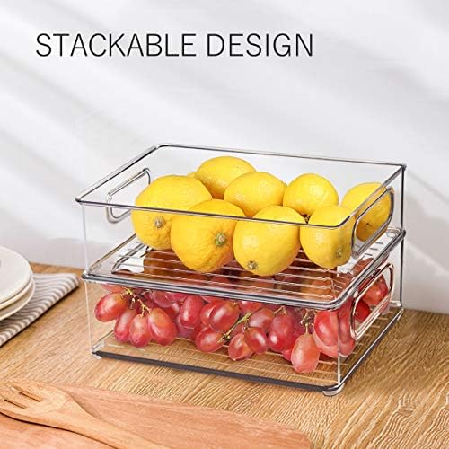 Stackable Refrigerator Organizer Bins, 6 Pack Clear Kitchen Organizer Container Bins with Handles and 20 PCS Plastic Bag