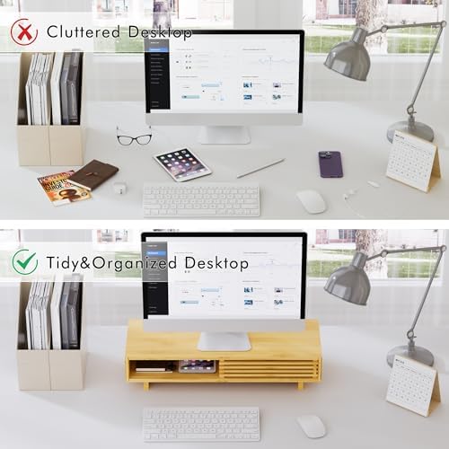 Zri Bamboo Computer Monitor Stand with Drawer, Dual Laptop Stand for Desk,Single Monitor Riser with Storage,Wood Office 