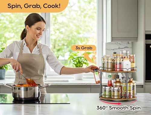 12.4" Lazy Susan Organizer 2 Tier, Rotating Spice Rack, Wooden Spinning Spice Holder for Inside Cabinet, Pantry, Kitchen