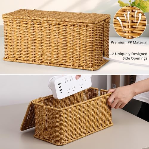 ZhiYo Rattan Cable Management Box, Cord Organizer, Nature, 12.5"x5"x5.2"