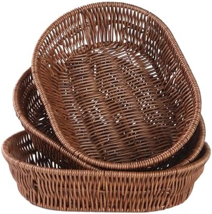 Set of 3 Oval Imitation Rattan Storage Baskets, Dark Brown, 11 x 8 x 2.6 in