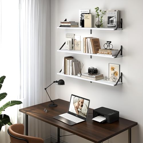 Heimlove Floating Shelves for Wall, 32 Inch Long Wood Floating Shelves Set of 3, Wall Mounted Hanging Shelf for Bathroom