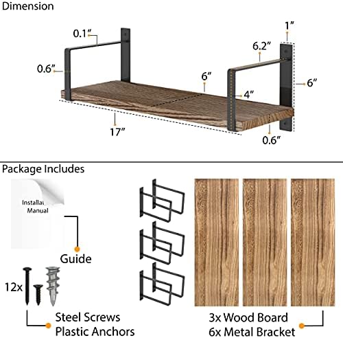 Wallniture Toledo Floating Shelves for Living Room Decor, Floating Bookshelf Set of 3, Burned Finish Rustic Wood Wall Sh