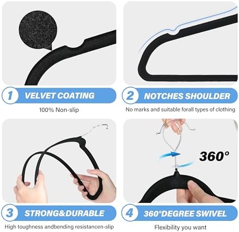 YSSOA Velvet Hangers 30 Pack, Non-Slip Clothes Hangers with Shoulder Notches, 360° Swivel Hooks, Heavy Duty Standard Hangers for Closet Space Saving, Black