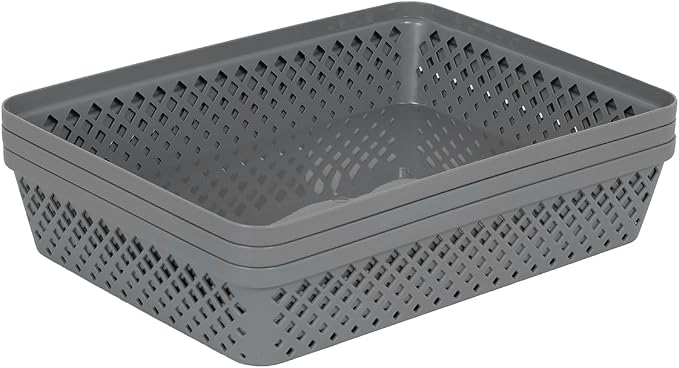 Glad Plastic Storage Basket Set - Multipurpose Drawer Trays, Kitchen Pantry Containers, and Bathroom Bins - Large Organizers, Grey, 3 Count (Pack of 4)
