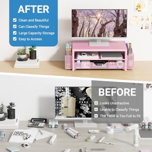 OPNICE Desk Organizers and Accessories, Computer Monitor Stand Riser with Drawer and 2 Pen Holders, Printer & Laptop Sta