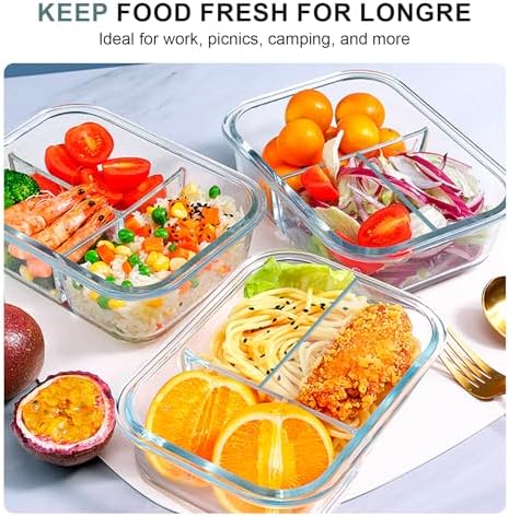 KOMUEE Glass Meal Prep Containers 3 Compartments, 5 Pack 36 oz