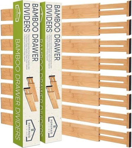 Bamboo Drawer Dividers Adjustable & Expandable, Kitchen Drawer Organizer, Ideal for Silverware, Dresser Drawers Organizer or Bedroom & Bathroom Drawers Organizers (8pk)