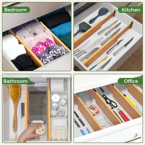 FJO 6 Pack Bamboo Drawer Dividers 4.65" High Adjustable from 17'' to 22''