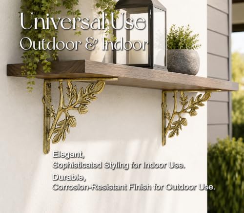 NACH Decorative Shelf Brackets, 2 Pack of 9 x 2.2 x 9 inch, Gold Cast Iron Rustic Shelf Brackets - Metal Shelf Brackets 
