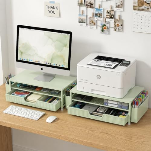 ECOLOVI Desk Organizer and Accessories, 2-Tier Computer Monitor Stand Rise with Storage Drawer & 2 Pen Holders, Laptop &