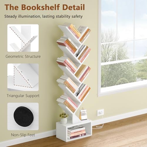 Hoctieon 9 Tier Tree Bookshelf, Tall Bookcase, Freestanding Book Shelf with LED Lights, Display Floor Standing Storage S