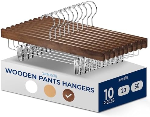 SereneLife 10 Pack Retro Wooden Pants Hangers with 360 Degree Swivel Hook