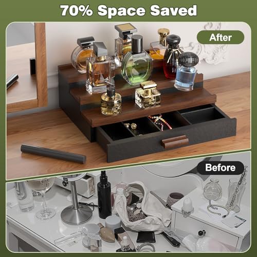Perfume Cologne Organizer for Men: 3 Tier Wooden Perfumes Stand, Desktop Parfum Holder Wood Display Shelf with Cabinet, 