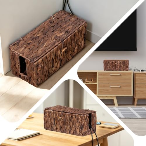 Cable Management Box with Lid, 2Pack Handwoven Real Water Hyacinth Cord Hider Organizer Boxes,2 Side Open Slots Storage 