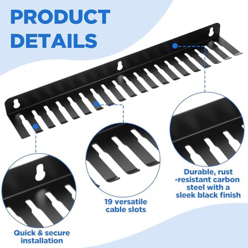2 Pcs Wall Mountable Cable Hanger – Heavy-Duty Carbon Steel Cord Organizer with 19 Slots (0.2“-0.35”), Black – 15.8 x 2.