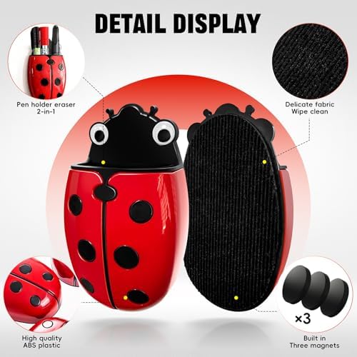 Magnetic Pen Holder for Fridge Whiteboard, 2-in-1 Magnetic Marker Holder Dry Erase Marker Whiteboard Eraser, Cute Ladybug Pencil Cup Desk Organizer for Classroom Office School Home (4-Pack)
