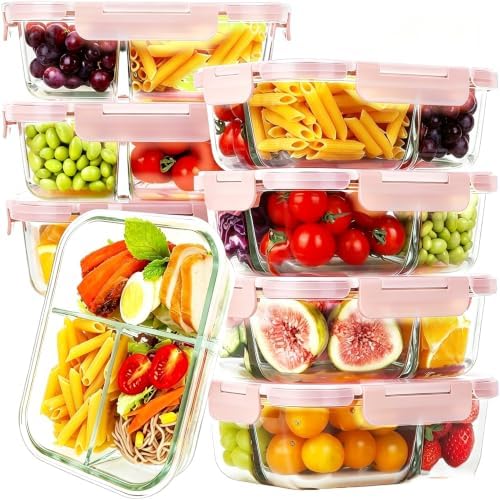 8 Pack 36oz Borosilicate Glass Meal Prep Containers 3 Compartment with Lids