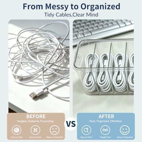 TexHome 2 Pcs Cable Organizer Boxes Clear Charger Cable Storage Boxes with Lid and Cable Straps, Plastic Electronics Cor