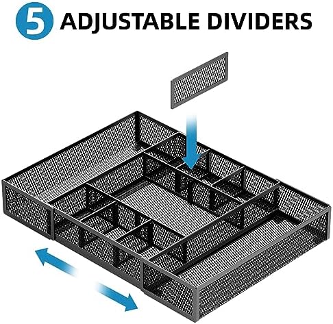 Marbrasse Expandable Desk Drawer Organizer, Mesh Drawer Organizer Tray with 10 Adjustable Compartments, Desk Organizers and Accessories, 5 Dividers Drawer for Office Supplies, Makeup & Vanity (Black)