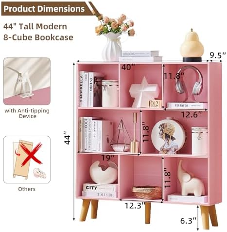 LEYAOYAO 8 Cube Bookshelf,Mid-Century Modern Bookcase with Legs,Light Pink