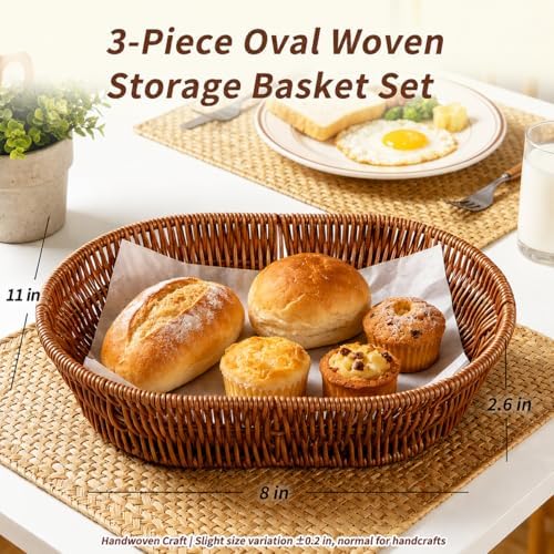 Set of 3 Oval Imitation Rattan Storage Baskets, Dark Brown, 11 x 8 x 2.6 in
