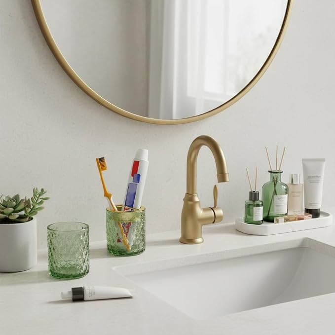2pcs Green Toothbrush Holders for Bathrooms, Glass Toothbrush Holder and Bathroom Tumbler Set, Gold Tooth Brush Cup Holder, Bathroom Counter Organizer for Brushes, Toothpaste