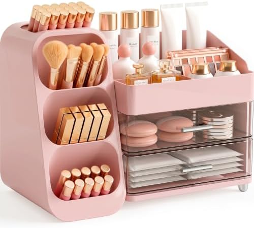 Booklov Large Makeup Organizer for Vanity Countertop, Pink