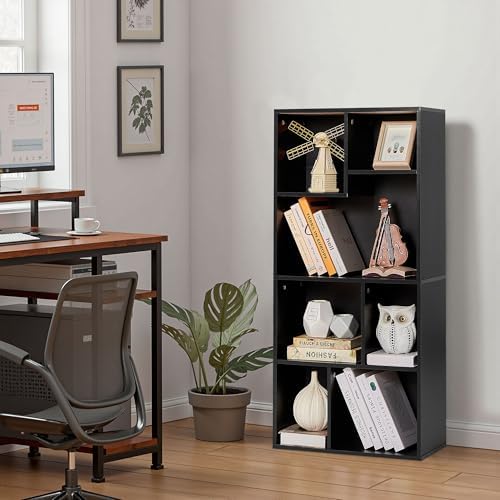 VECELO Wide Kids Staggered 7-Cube Bookshelf,Extra Large Freestanding Open Storage Organizer with Multi-Size Compartments