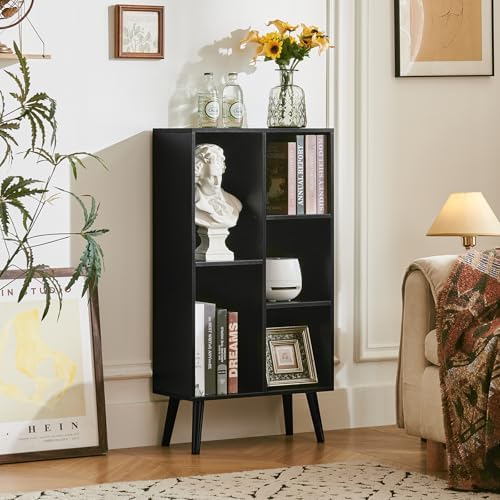 LEYAOYAO 5 Cube Bookshelf, Mid-Century Modern Book Shelf with Legs, Black