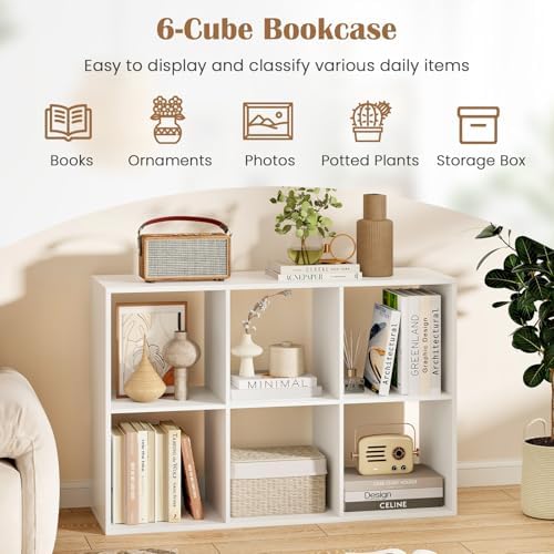 6 Cube Storage Organizer, 2 Tier Floor Standing Bookcase with Anti-Toppling Kits, Wooden Open Display Shelf for Living R