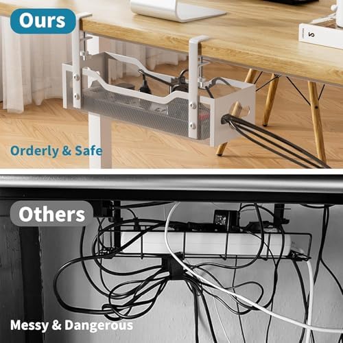 Under Desk Cable Management Tray 3 Pack, Cable Management Under Desk No Drill, Cable Organizer with Clamp for Wire Manag