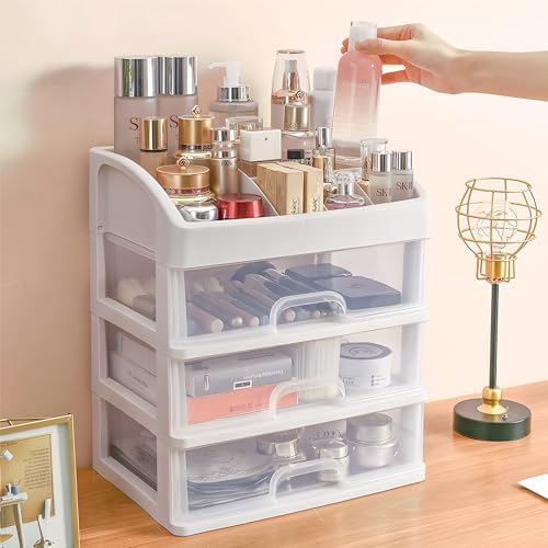 Makeup Organizer - Cosmetic Storage with 3 Drawers & Top Compartments - Durable PET ABS - White