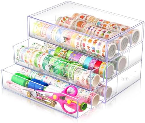 Wonderjune 1 Pack 3 Drawer Clear Washi Tape Organizer Acrylic Storage Box