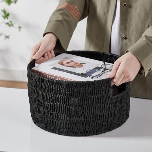 Vagusicc Wicker Storage Basket, Hand-Woven Paper Rope Large Round Woven Basket With Handles, Wicker Baskets for Organizing/Storage, Black, 3-Pack