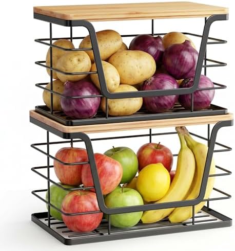 ALOCEO 2 Pack Stackable Wire Storage Basket with Bamboo Lid, Stainless Steel Extra Large Trash Bag Dispenser Roll Holder