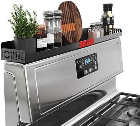 30" Magnetic Stove Top Shelf – Black Spice Rack with Red LOVE Design – Seasoning Organizer for Back of Stove – Over Stov