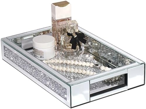 Rectangle Glass Tray with Handles for Dresser, Mirror Makeup Organizer Perfume Display, Crushed Diamond Home Decor Accen