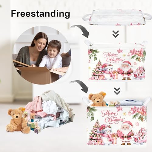 Clastyle Pink Santa Claus Snowman Christmas Gift Basket Merry Christmas Poinsettia Tree Nursery Bin Sleigh Snowflake Xmas Balls Ornament Storage Kid Clothes Toy Book Shelf Basket