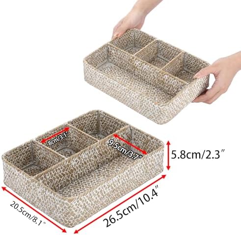 BTSKY Desk Drawer Organizer Tray, Coffee Station Organizer Tea Bag Organizer, Woven Seagrass Storage Basket with 4 Divided Sections Handwoven Wicker Basket for Shelves, Pantry, Coffee Bar (White)