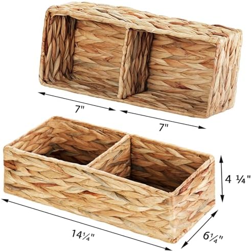 Vagusicc 2 Section Wicker Storage Basket, Set of 2 Hand-woven Water Hyacinth Storage Baskets, Toilet Tank Basket, Small 