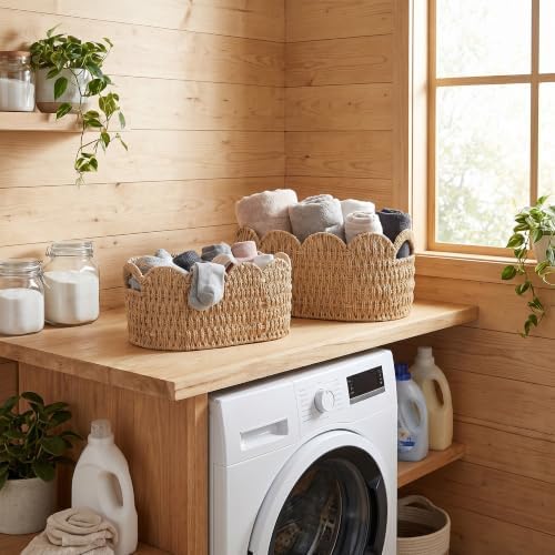 iEGrow Paper Rope Scalloped Basket, Set of 2 Woven Storage Wicker Baskets with Handle for Organizing and Shelves, Cute Boho Oval Baby Baskets for Decor, Towel, Toys, Nursery, Book, Gift Natural