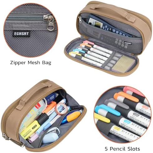 ECHSRT Large Tactical Pencil Case, 3-Compartment Pen Pouch Organizer, Khaki