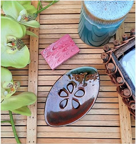 Ceramic Soap Dish with Self Draining Tray for Bathroom, Kitchen (Reddish Brown) 6.25 x 3.75 x 1 inches (LxWxH) 1111 Lung