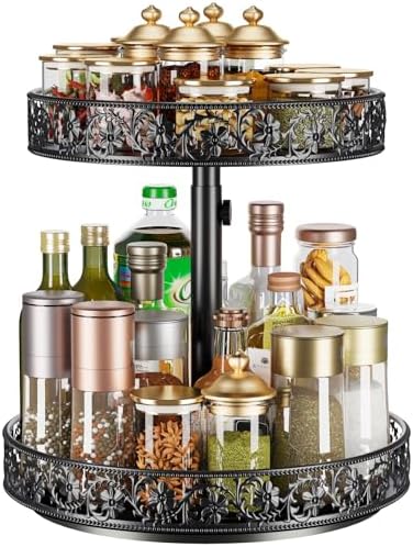 2 Tier Lazy Susan Organizer Turntable Height Adjustable, Black