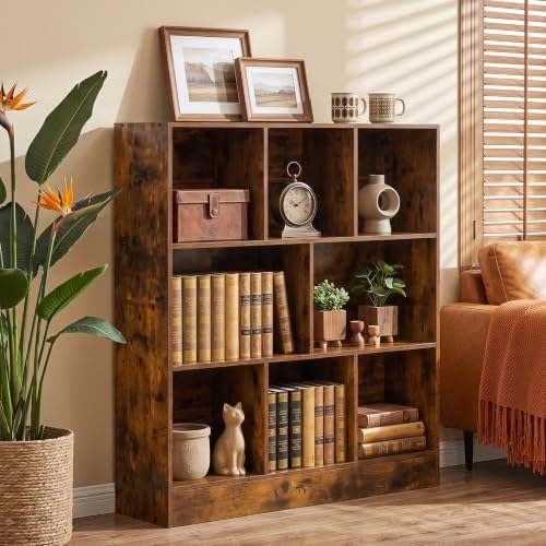 YAHARBO 3 Tier 8 Cube Horizontal Bookshelf, Low Bookcase for Sleves,Brown