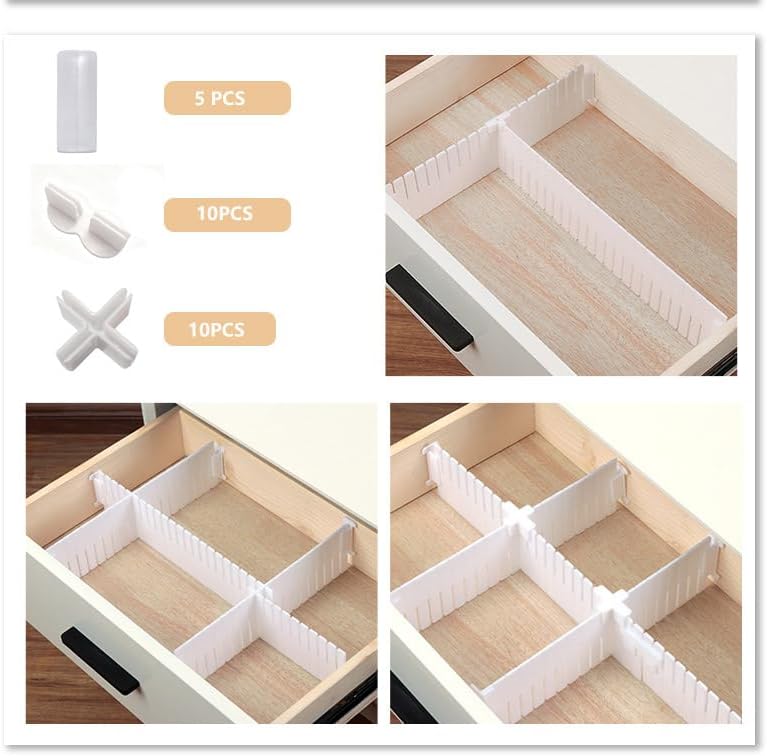 Adjustable Plastic Drawer Separators, 15 PCS Dividers + 25 Connectors, 14.96" Length x 4.33" Height, Cuttable Storage Or