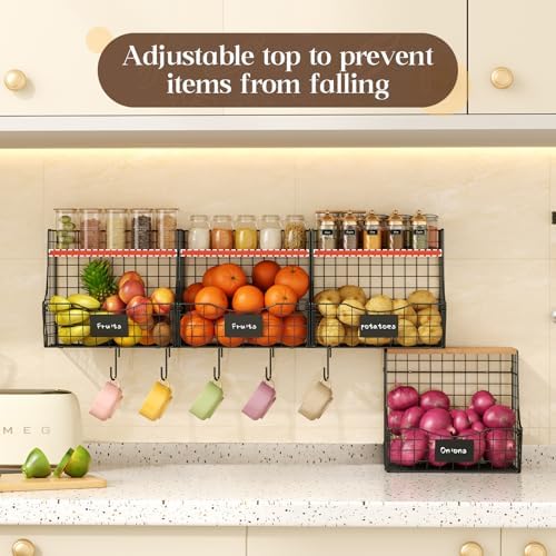 4 Pack Fruit Basket for Kitchen with Lid, Counter&Wall Mounted Hanging Fruit Basket, Potato and Onion Storage, Metal Wir
