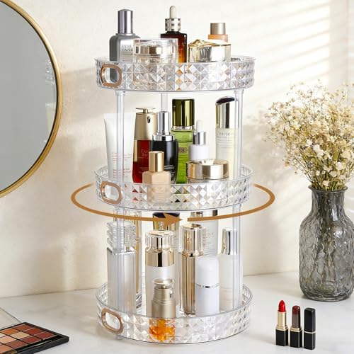 360 Rotating Makeup Organizer, 3 Tier, Diamond Pattern, Clear