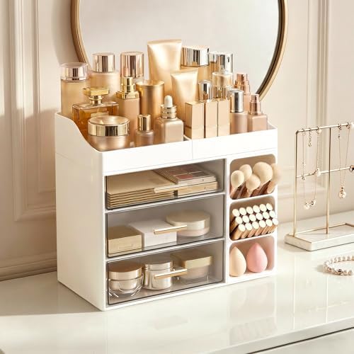 HBlife Makeup Organizer Countertop with Brush Holder, Large Bathroom Counter Organizer with Drawers, Skincare Organizers